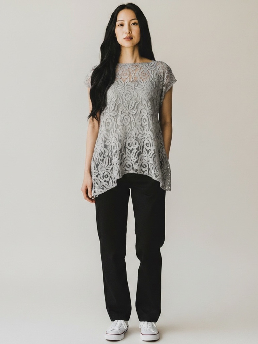 Apt. 9 Gray Lace Overlay Short Sleeve Tunic
